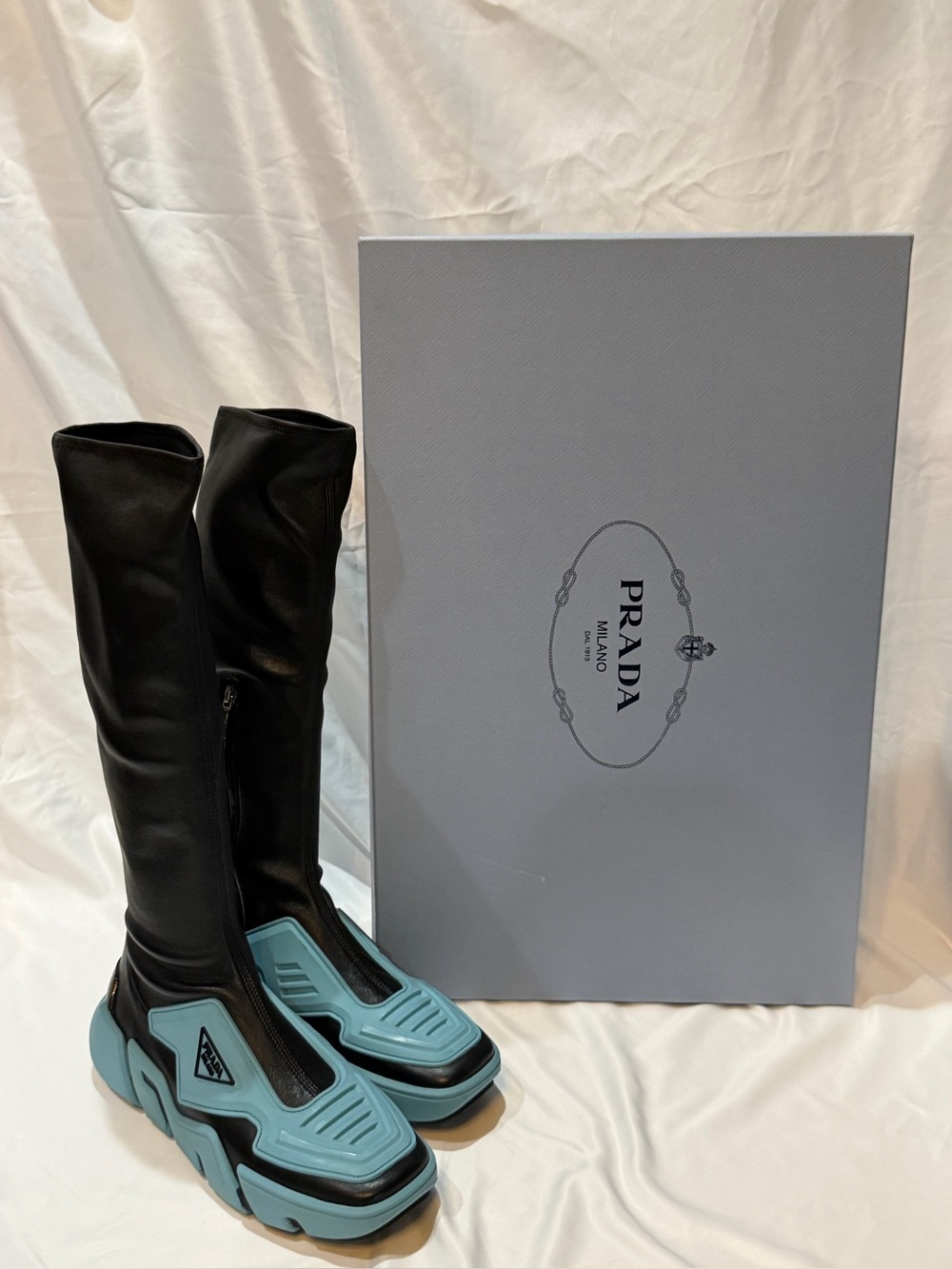 Prada Runway Techno Stretch Boots with Light Blue Platform Soles size 40